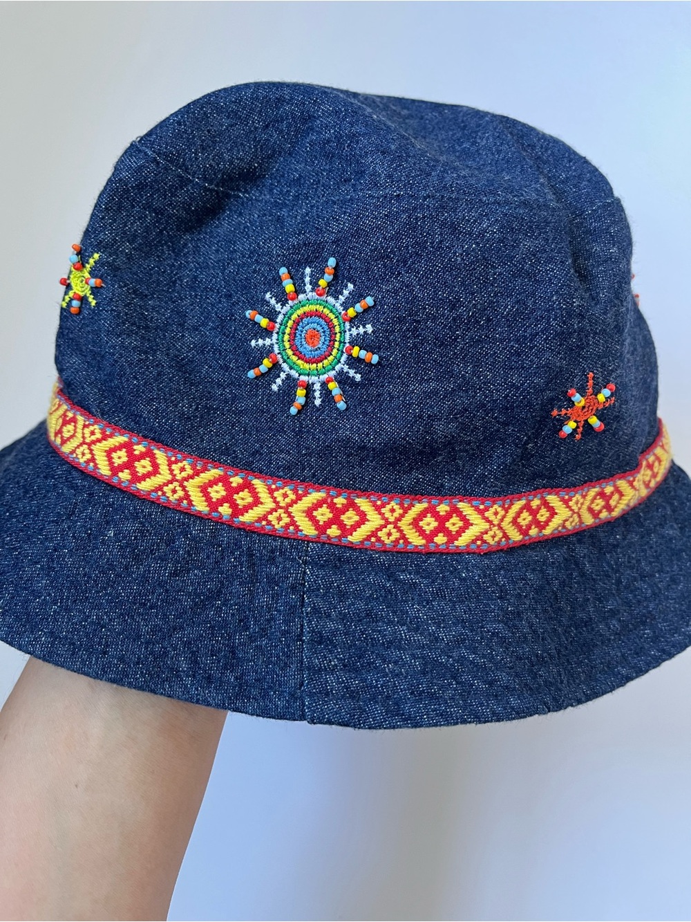 Vintage Women’s Navy Embroidered Denim Bucket Hat with Sun Motif